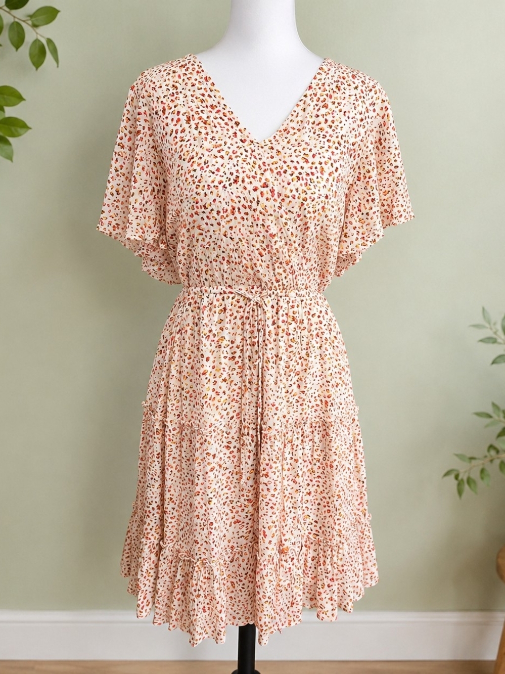Jodifl Dress M Floral Leopard Print Ruffle Sleeve Tiered Mini Lined Boho Cottage